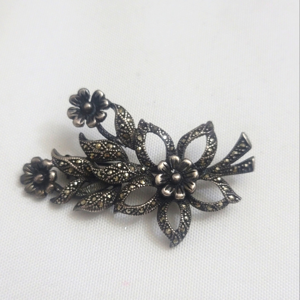 Vintage Art Deco Sterling Silver Marcasite Floral Brooch Floral Jewelry